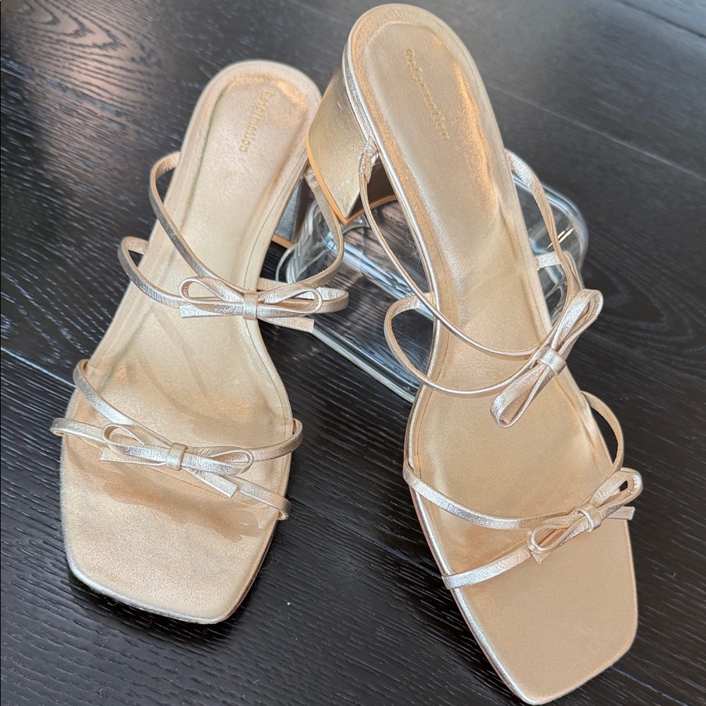 Reformation Gold Bow Strappy Mules